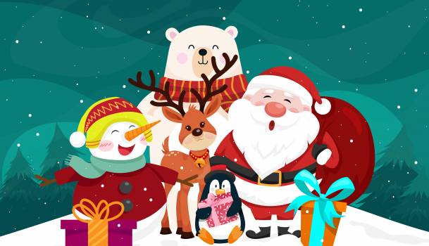 Animaux de Noël, père Noël, paysage enneigé 